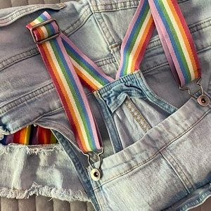 Rainbow Pride suspenders faded distressed jeans short overalls - size medium 🌈
